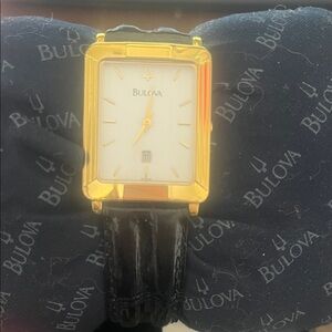 Bulova Gold Case with Black Strap Watch